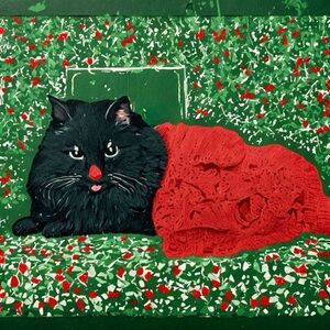 7.5x7.5 in - Festive Cat Graphic with Blanket Glossy Print out